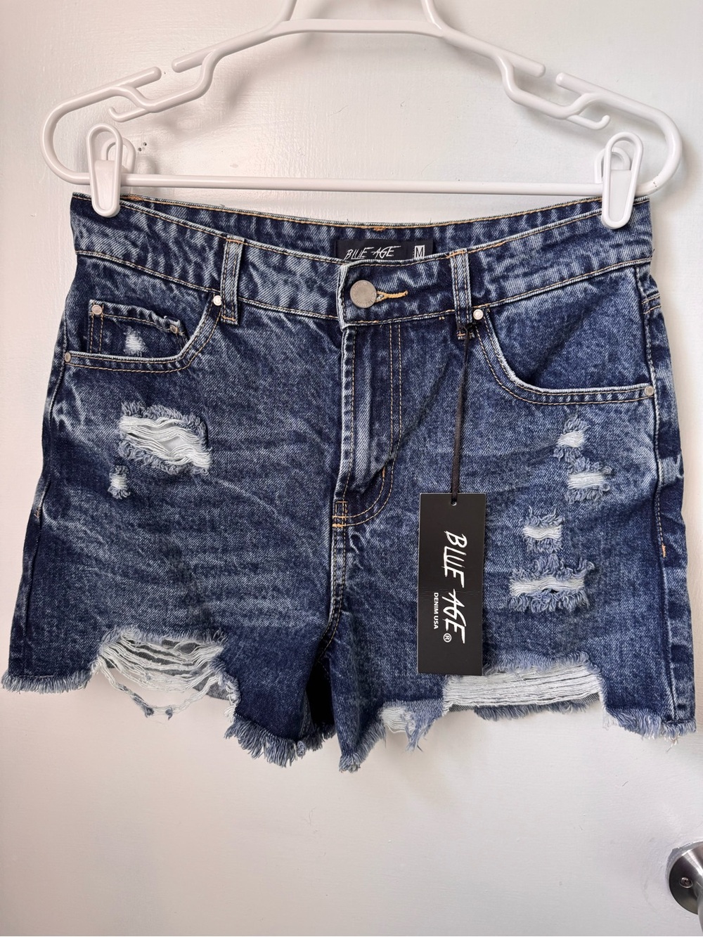 Blue Age Women's Distressed Dark Blue Denim Shorts
